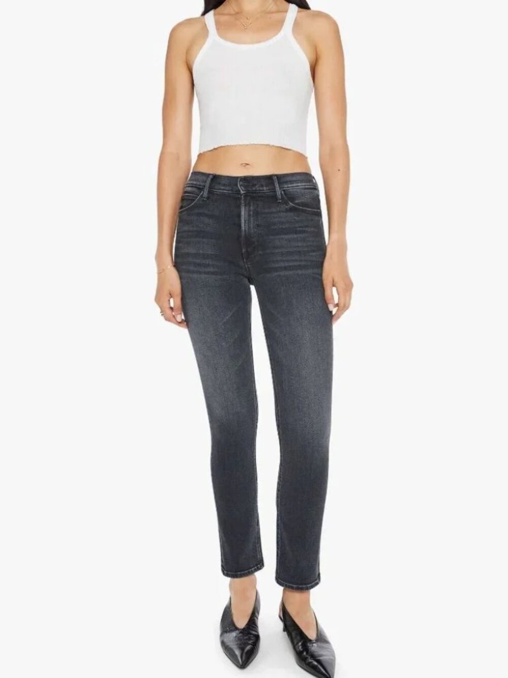 Mother Mid Rise Dazzler Flood Not Today Satan Black Straight Leg Crop Jeans 32